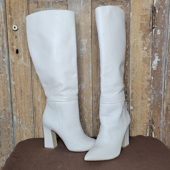 STEVE MADDEN Padmy Knee High Leather Block Heel Boots Ivory sz 7.5 - Picture 1 of 11